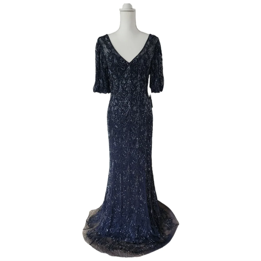 Aidan Mattox $550 NWT Beaded V-Neck Sheath Evening Gown Navy Blue, size 6 - Picture 6 of 13